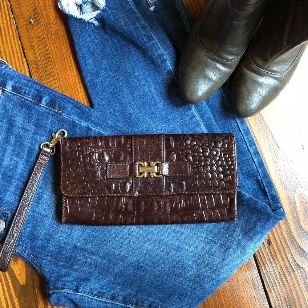 AQUA Madonna Faux Croc Dark Brown Clutch